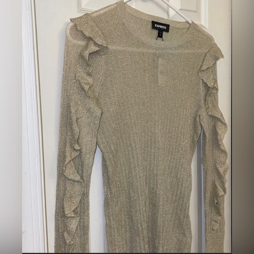 Express Metallic Ruffle Gold Ribbed Semi Sheer lightweight Sweater size Medium - Picture 3 of 8